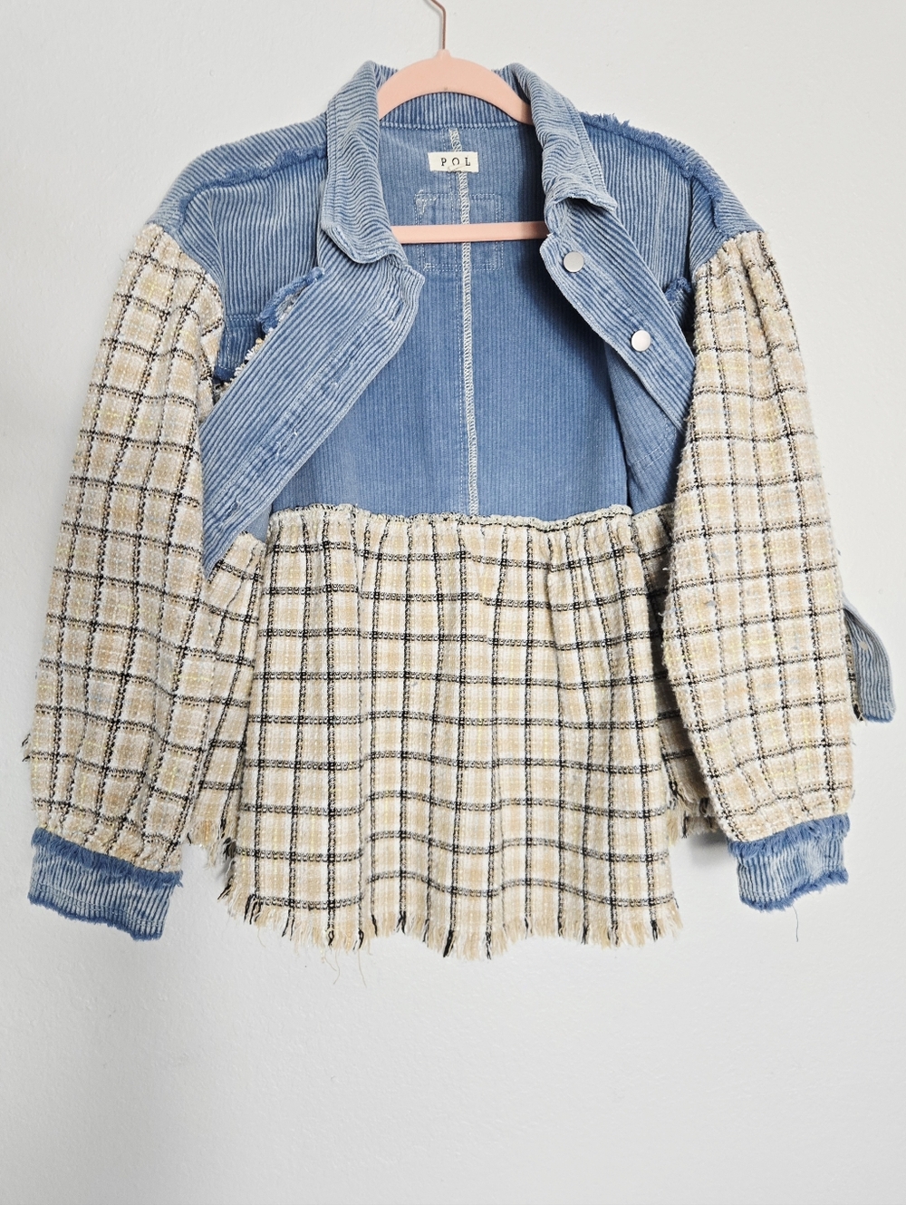 POL Corduroy Plaid Tweed Button Down Shirt Jacket Blue Medium - Picture 4 of 12